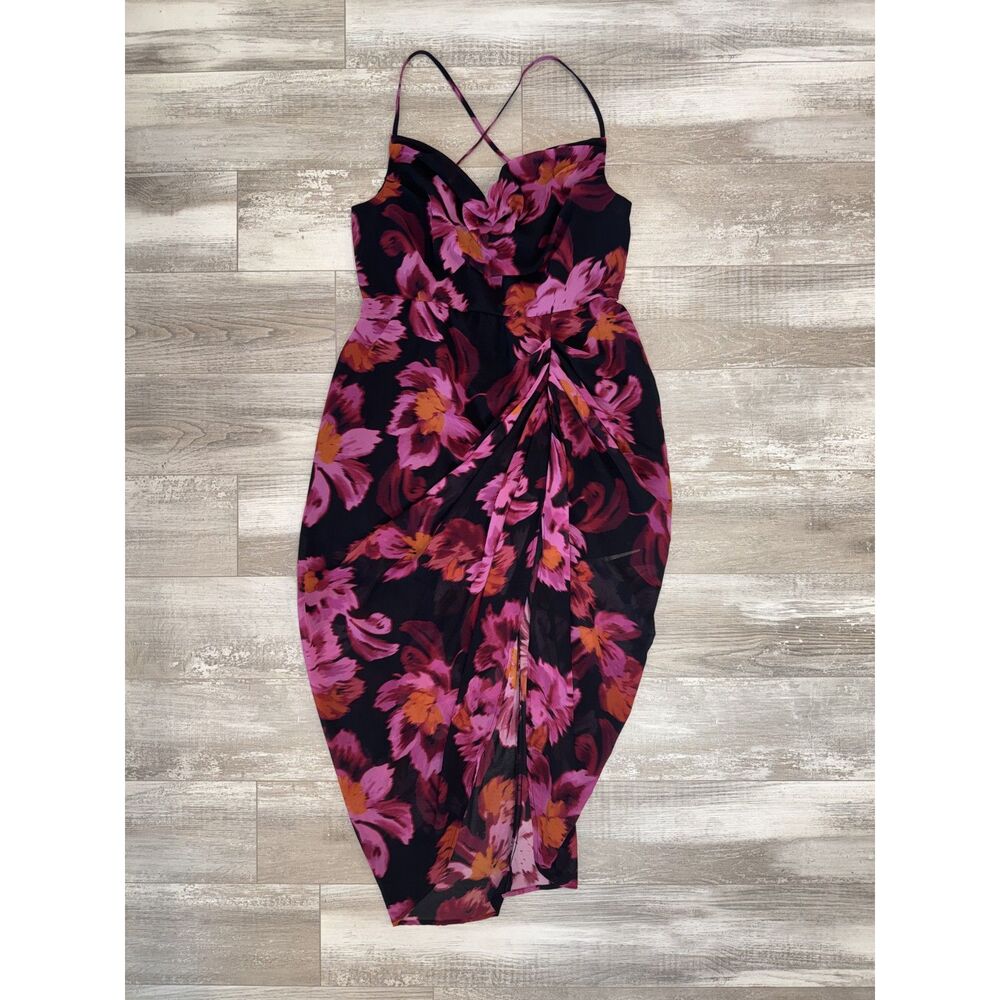 SHEIN BAE Curve NWT Black Pink Floral Ruched Midi Dress Cowl Neck Bodycon Party - Picture 2 of 11